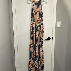 high neck pink floral maxi dress